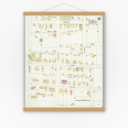 Old map wall art mockup — magnetic wood frame on white wall — Sanborn Fire Insurance Map from Lock Haven, Clinton County, Pennsylvania (1906), Sheet #0015