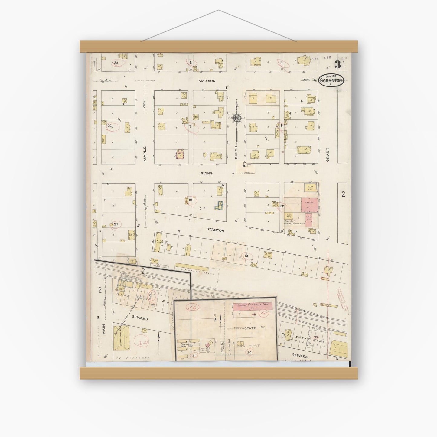 Old map wall art mockup — magnetic wood frame on white wall — Sanborn Fire Insurance Map from Scranton, Greene County, Iowa (1932), Sheet #0003