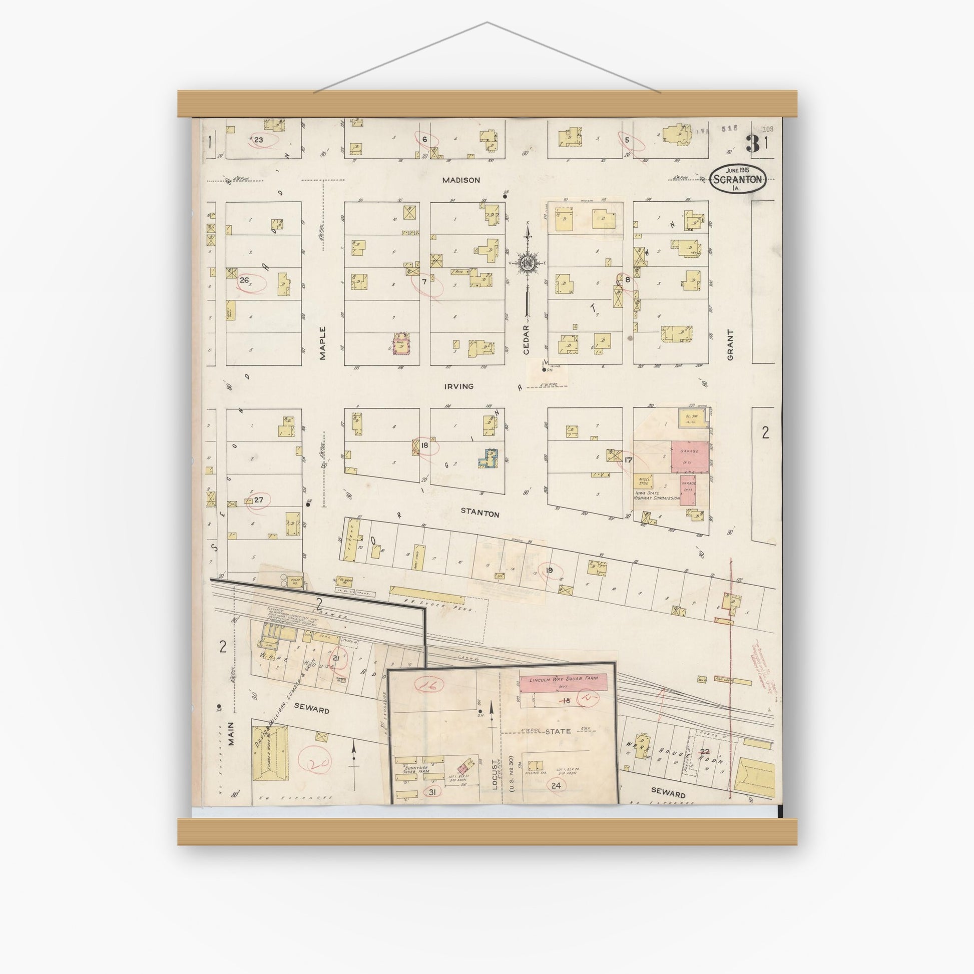 Old map wall art mockup — magnetic wood frame on white wall — Sanborn Fire Insurance Map from Scranton, Greene County, Iowa (1932), Sheet #0003