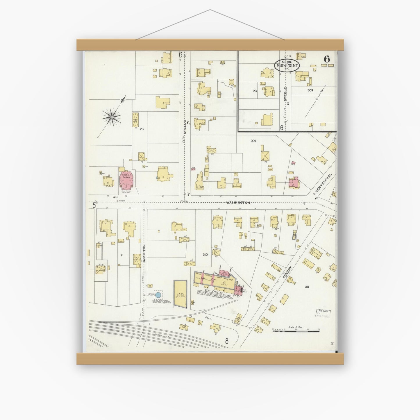 Old map wall art mockup — magnetic wood frame on white wall — Sanborn Fire Insurance Map from High Point, Guilford County, North Carolina (1906), Sheet #0006