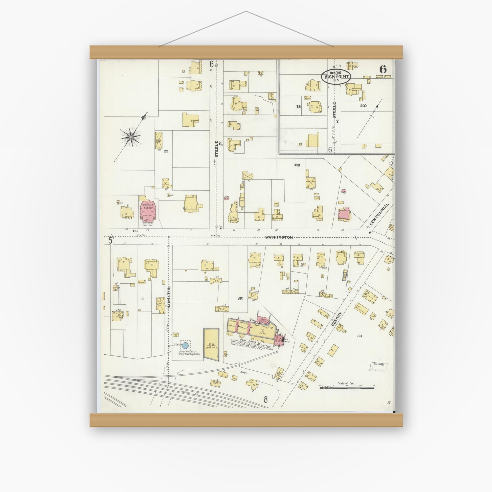 Old map wall art mockup — magnetic wood frame on white wall — Sanborn Fire Insurance Map from High Point, Guilford County, North Carolina (1906), Sheet #0006