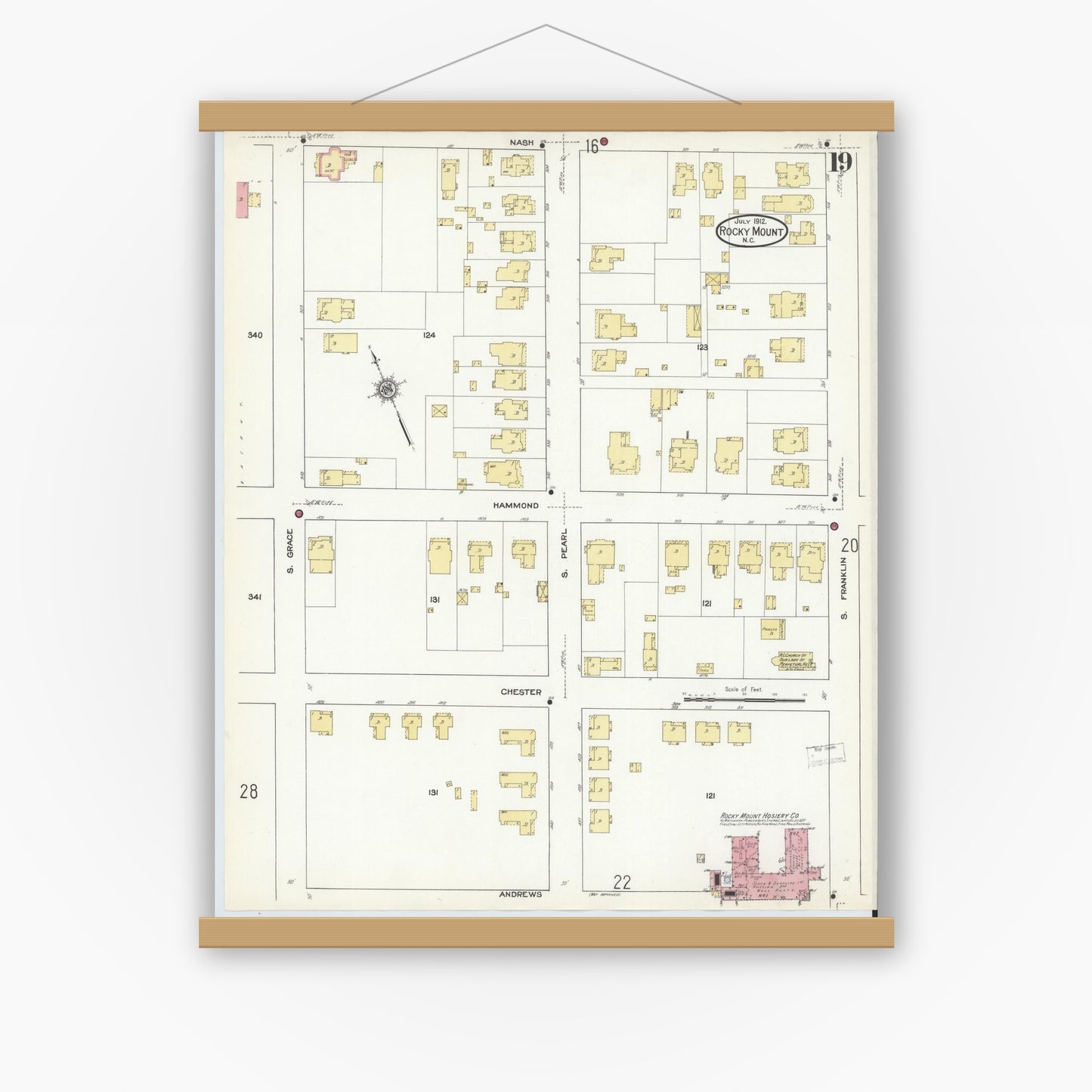 Old map wall art mockup — magnetic wood frame on white wall — Sanborn Fire Insurance Map from Rocky Mount, Edgecombe And Nash Counties, North Carolina (1912), Sheet #0019
