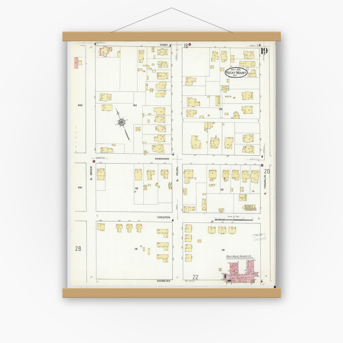 Old map wall art mockup — magnetic wood frame on white wall — Sanborn Fire Insurance Map from Rocky Mount, Edgecombe And Nash Counties, North Carolina (1912), Sheet #0019