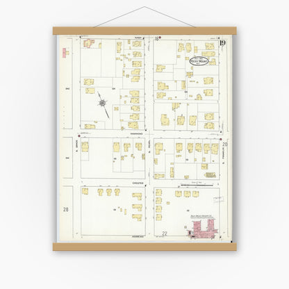 Old map wall art mockup — magnetic wood frame on white wall — Sanborn Fire Insurance Map from Rocky Mount, Edgecombe And Nash Counties, North Carolina (1912), Sheet #0019