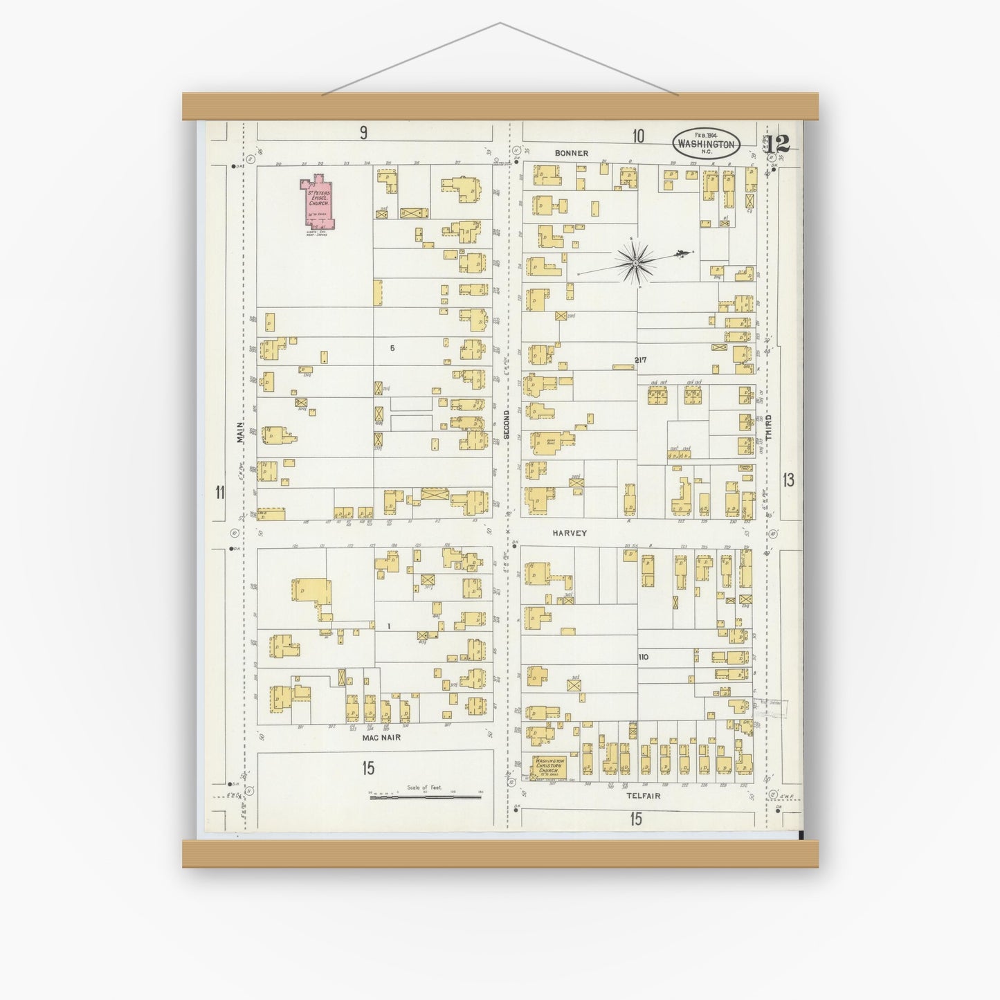 Old map wall art mockup — magnetic wood frame on white wall — Sanborn Fire Insurance Map from Washington, Beaufort County, North Carolina (1904), Sheet #0012