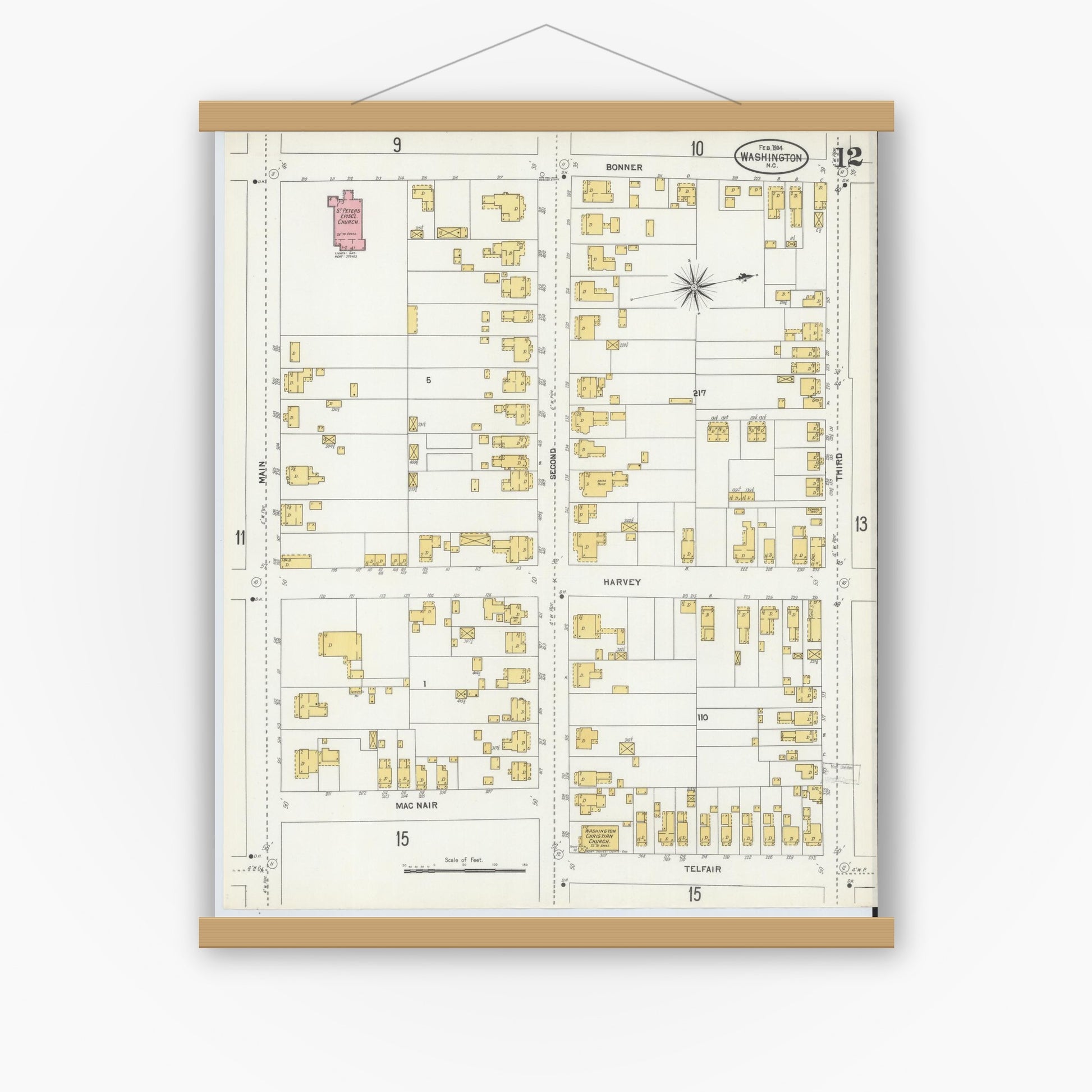 Old map wall art mockup — magnetic wood frame on white wall — Sanborn Fire Insurance Map from Washington, Beaufort County, North Carolina (1904), Sheet #0012