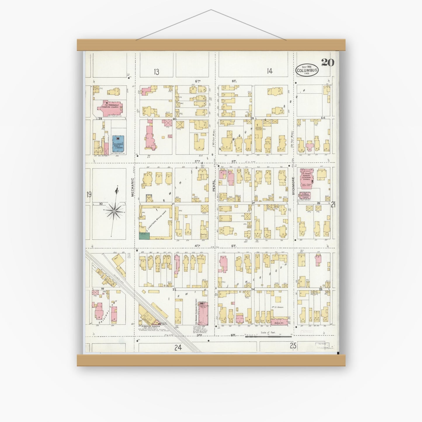 Old map wall art mockup — magnetic wood frame on white wall — Sanborn Fire Insurance Map from Columbus, Bartholomew County, Indiana (1906), Sheet #0020
