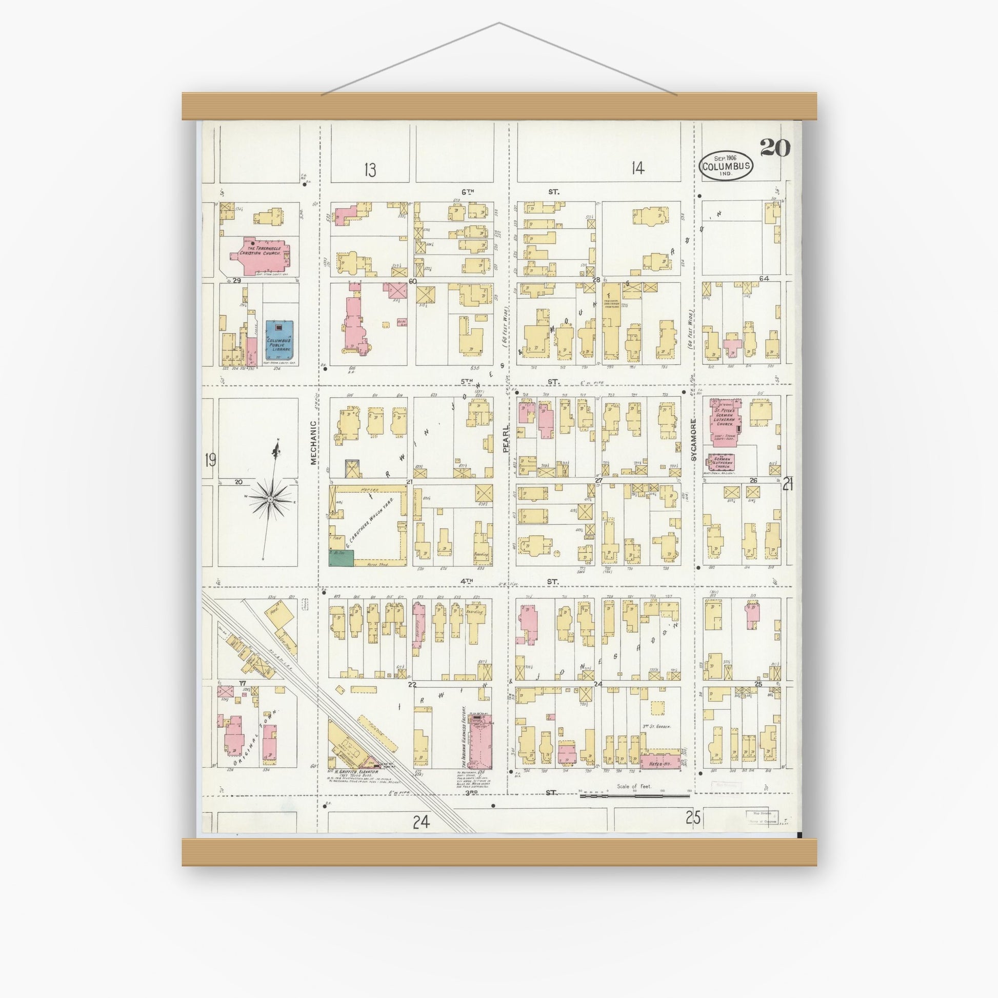 Old map wall art mockup — magnetic wood frame on white wall — Sanborn Fire Insurance Map from Columbus, Bartholomew County, Indiana (1906), Sheet #0020