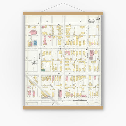 Old map wall art mockup — magnetic wood frame on white wall — Sanborn Fire Insurance Map from Columbus, Bartholomew County, Indiana (1906), Sheet #0020