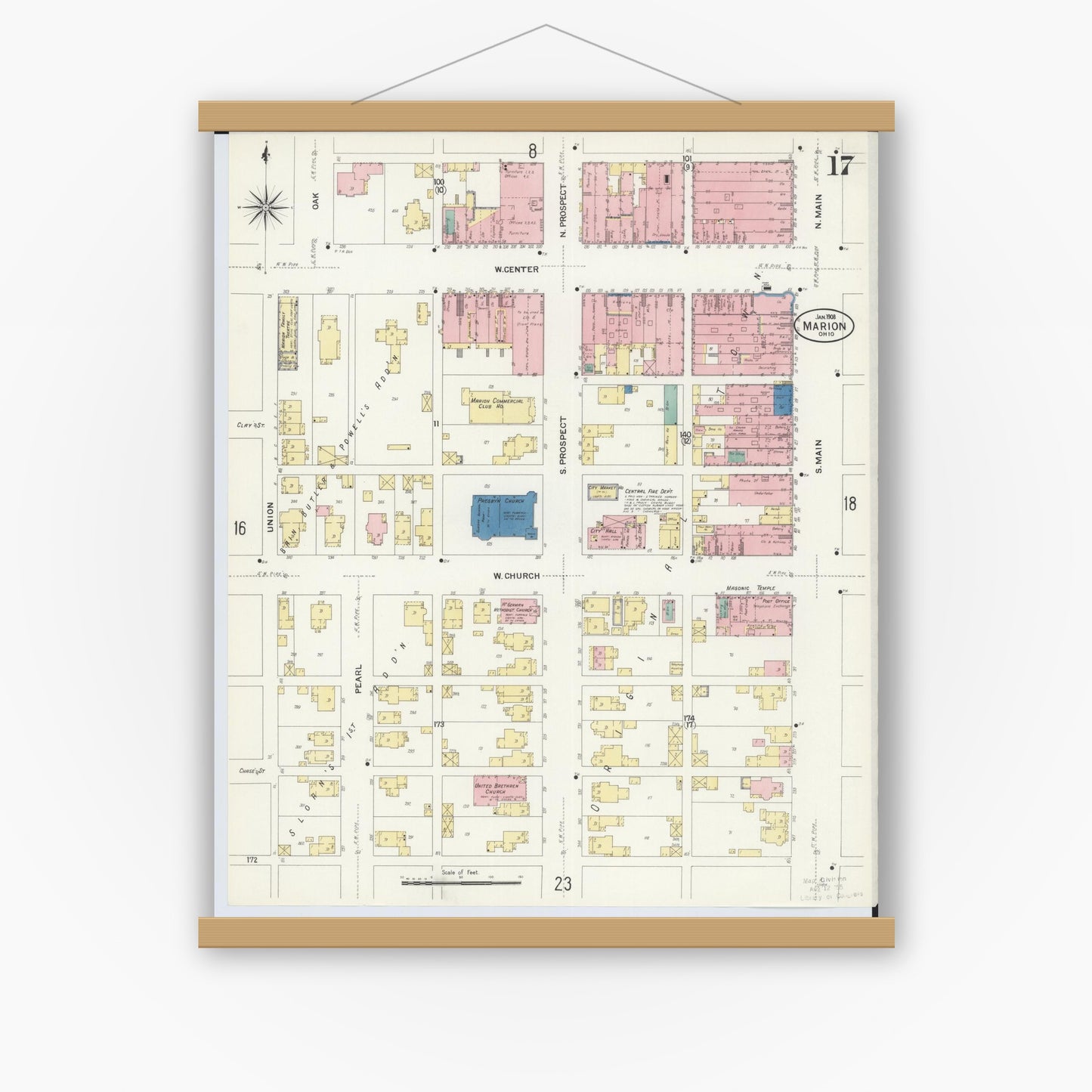 Old map wall art mockup — magnetic wood frame on white wall — Sanborn Fire Insurance Map from Marion, Marion County, Ohio (1908), Sheet #0017