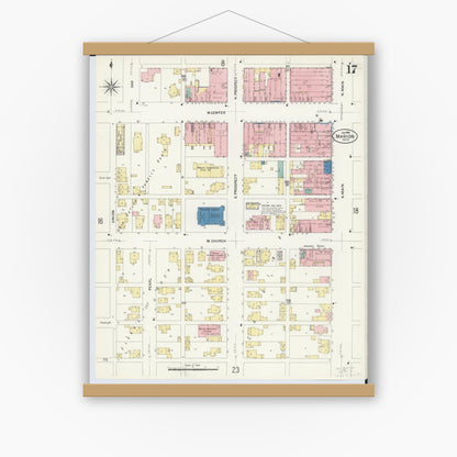 Old map wall art mockup — magnetic wood frame on white wall — Sanborn Fire Insurance Map from Marion, Marion County, Ohio (1908), Sheet #0017