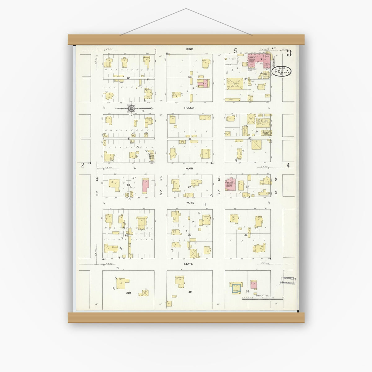 Old map wall art mockup — magnetic wood frame on white wall — Sanborn Fire Insurance Map from Rolla, Phelps County, Missouri (1910), Sheet #0003