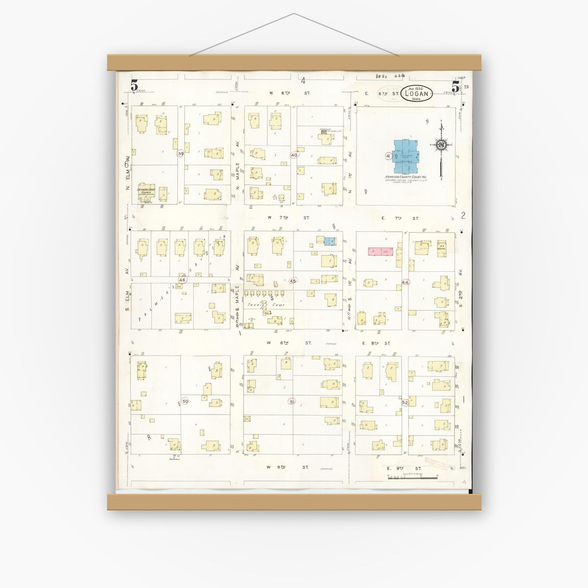 Old map wall art mockup — magnetic wood frame on white wall — Sanborn Fire Insurance Map from Logan, Harrison County, Iowa (1934), Sheet #0005