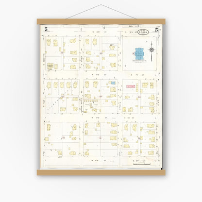 Old map wall art mockup — magnetic wood frame on white wall — Sanborn Fire Insurance Map from Logan, Harrison County, Iowa (1934), Sheet #0005