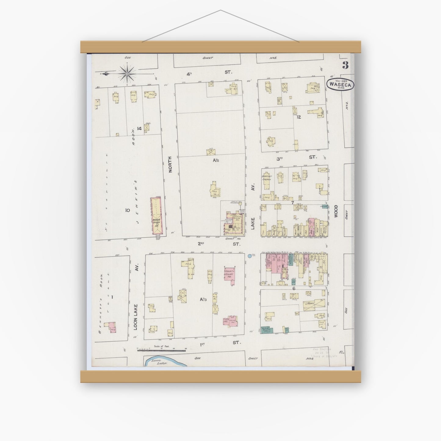 Old map wall art mockup — magnetic wood frame on white wall — Sanborn Fire Insurance Map from Waseca, Waseca County, Minnesota (1889), Sheet #0003