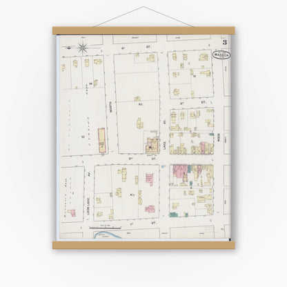 Old map wall art mockup — magnetic wood frame on white wall — Sanborn Fire Insurance Map from Waseca, Waseca County, Minnesota (1889), Sheet #0003