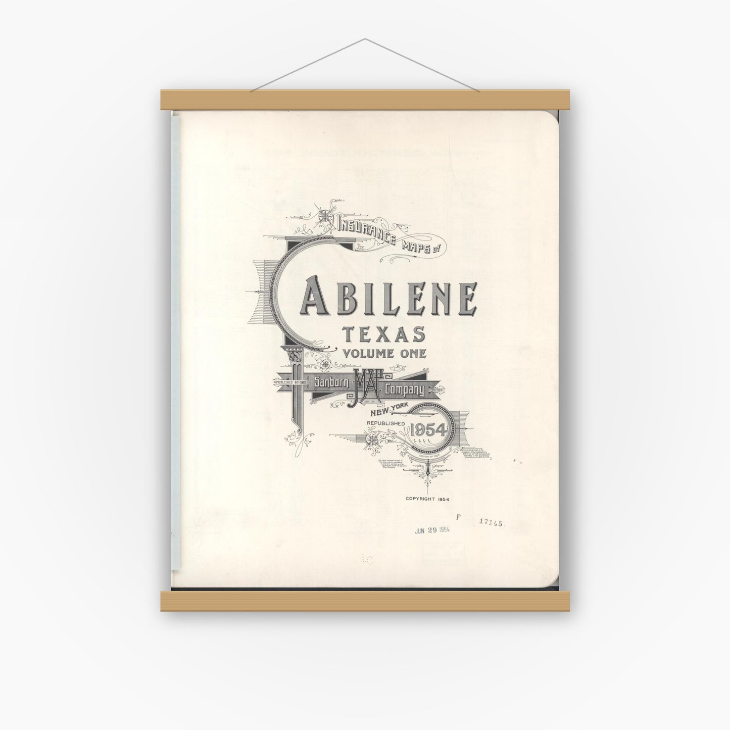 Old map wall art mockup — magnetic wood frame on white wall — Sanborn Fire Insurance Map from Abilene, Taylor County, Texas (1954), Sheet #0001