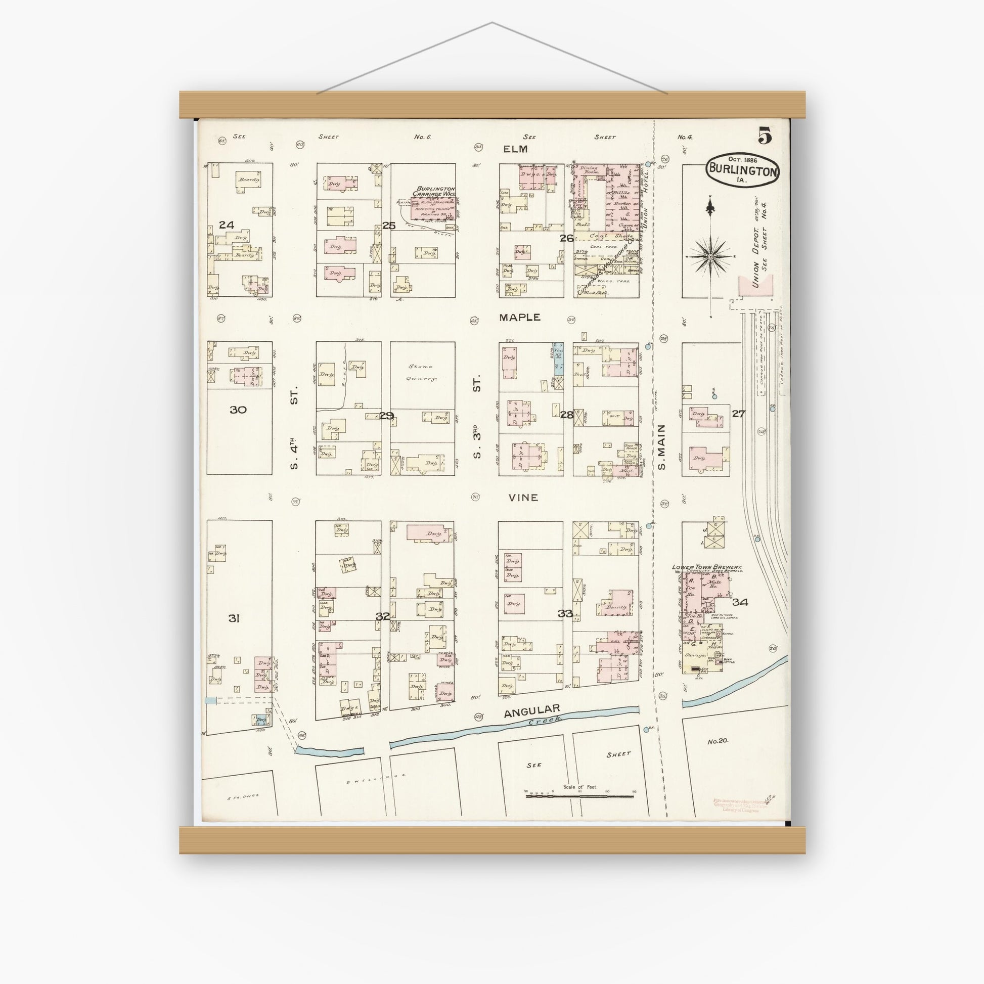 Old map wall art mockup — magnetic wood frame on white wall — Sanborn Fire Insurance Map from Burlington, Des Moines County, Iowa (1888), Sheet #0005