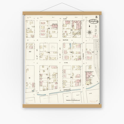 Old map wall art mockup — magnetic wood frame on white wall — Sanborn Fire Insurance Map from Burlington, Des Moines County, Iowa (1888), Sheet #0005