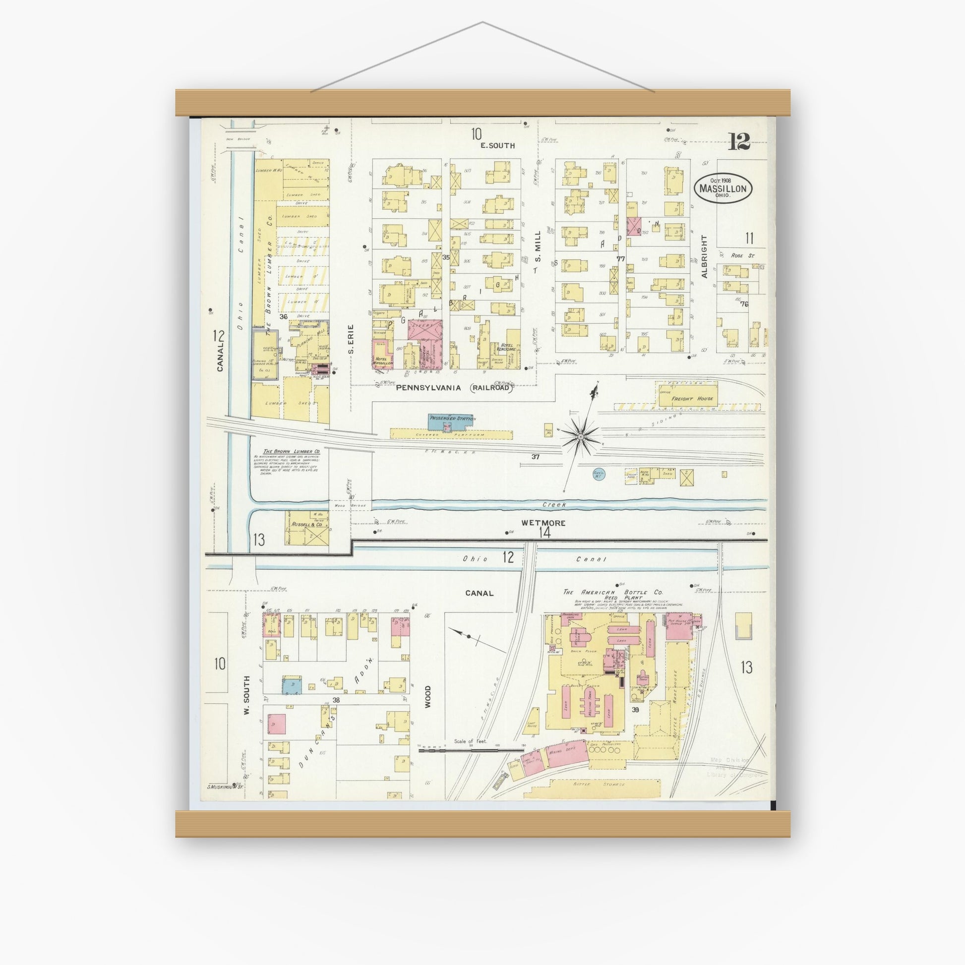 Old map wall art mockup — magnetic wood frame on white wall — Sanborn Fire Insurance Map from Massillon, Stark County, Ohio (1908), Sheet #0012
