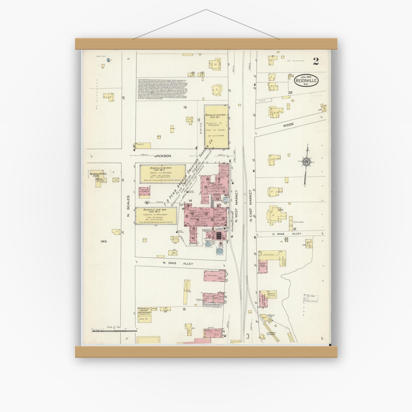 Old map wall art mockup — magnetic wood frame on white wall — Sanborn Fire Insurance Map from Reidsville, Rockingham County, North Carolina (1914), Sheet #0002