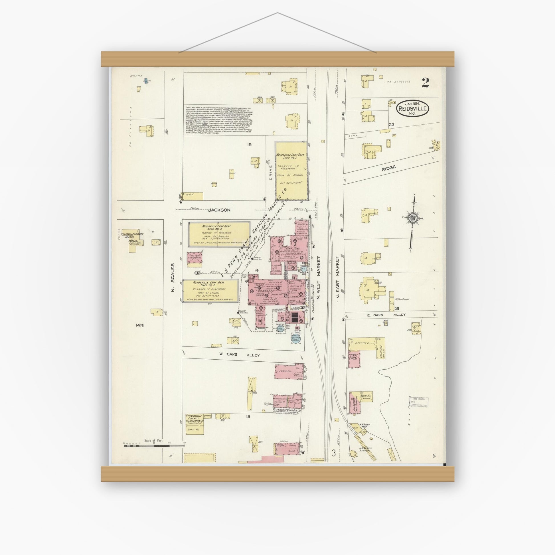 Old map wall art mockup — magnetic wood frame on white wall — Sanborn Fire Insurance Map from Reidsville, Rockingham County, North Carolina (1914), Sheet #0002