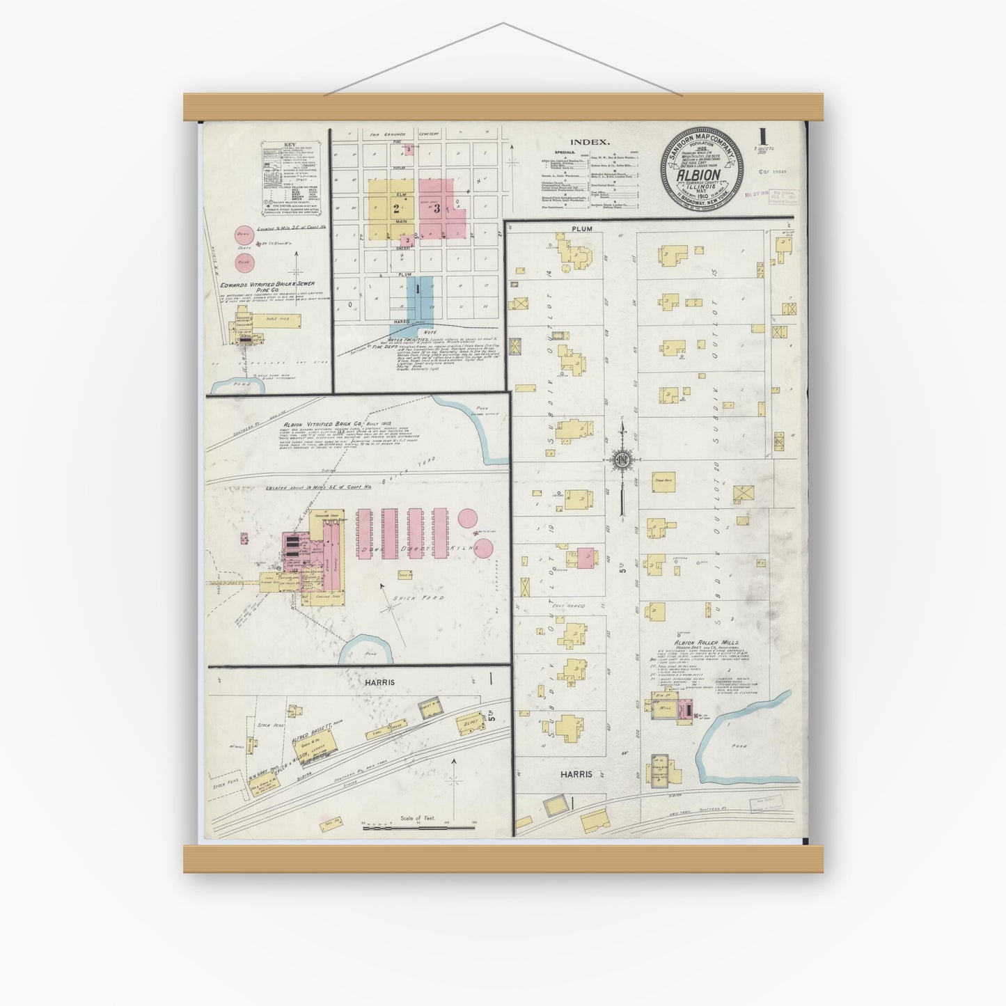 Old map wall art mockup — magnetic wood frame on white wall — Sanborn Fire Insurance Map from Albion, Edwards County, Illinois (1910) - Complete Map Set