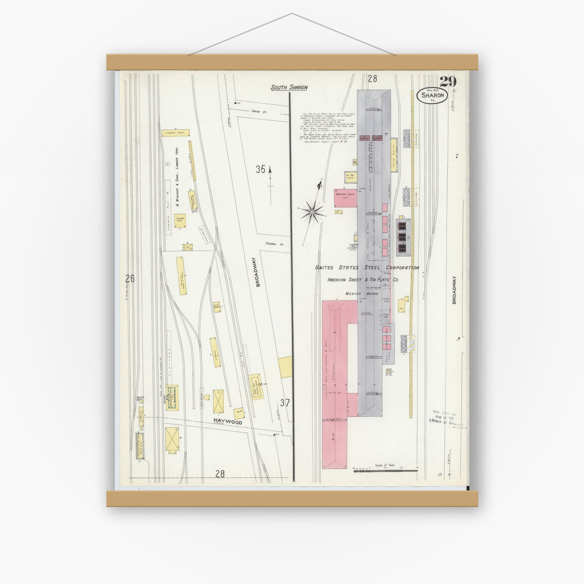 Old map wall art mockup — magnetic wood frame on white wall — Sanborn Fire Insurance Map from Sharon, Mercer County, Pennsylvania (1908), Sheet #0029