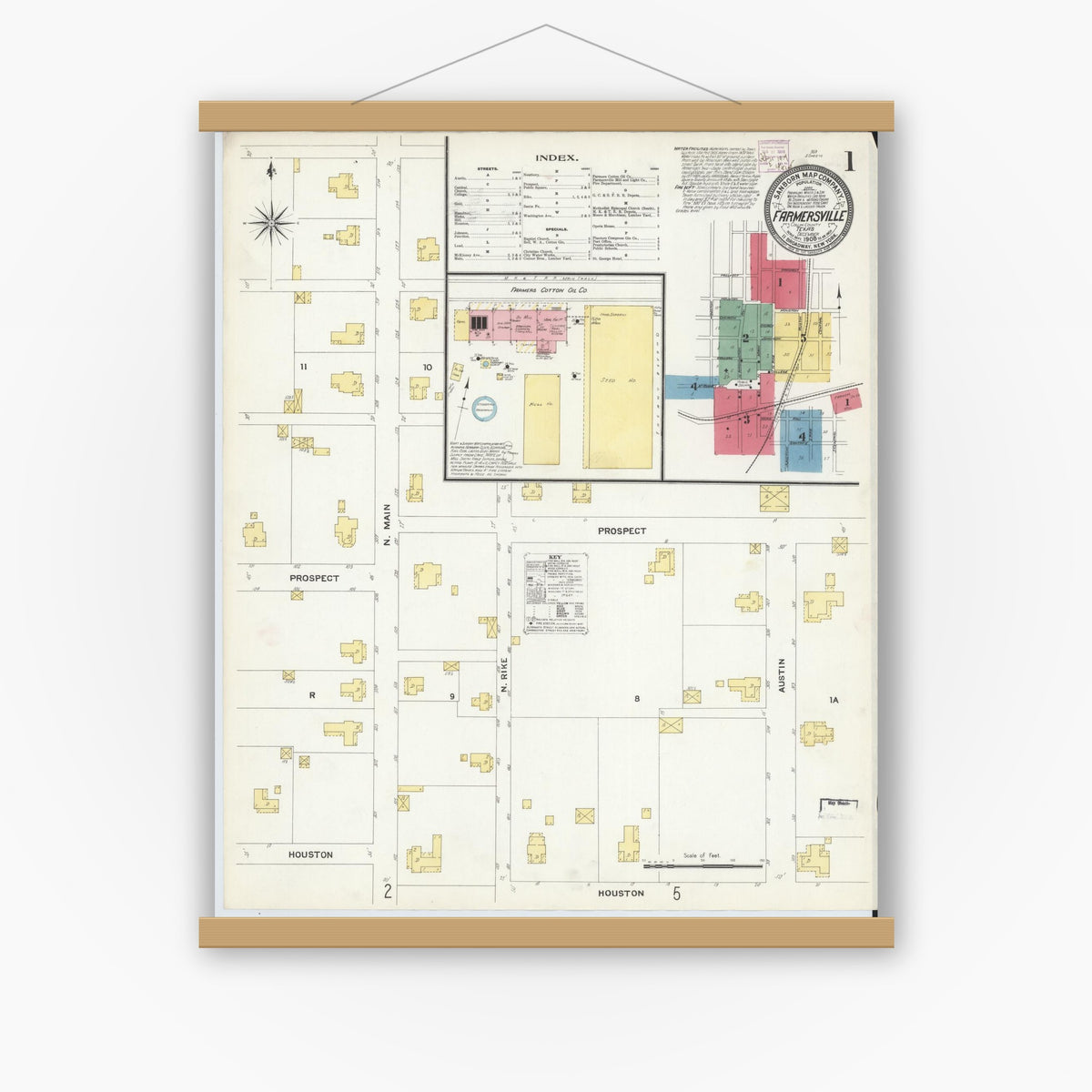 Old map wall art mockup — magnetic wood frame on white wall — Sanborn Fire Insurance Map from Farmersville, Collin County, Texas (1908) - Complete Map Set