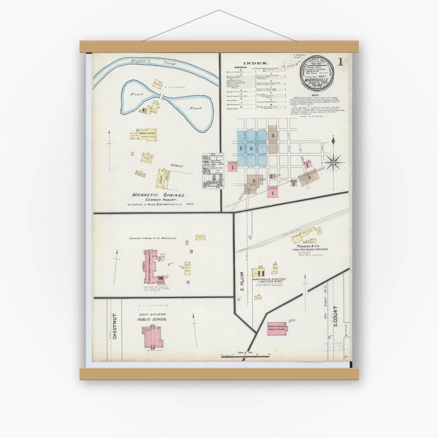 Old map wall art mockup — magnetic wood frame on white wall — Sanborn Fire Insurance Map from Marysville, Union County, Ohio (1890) - Complete Map Set