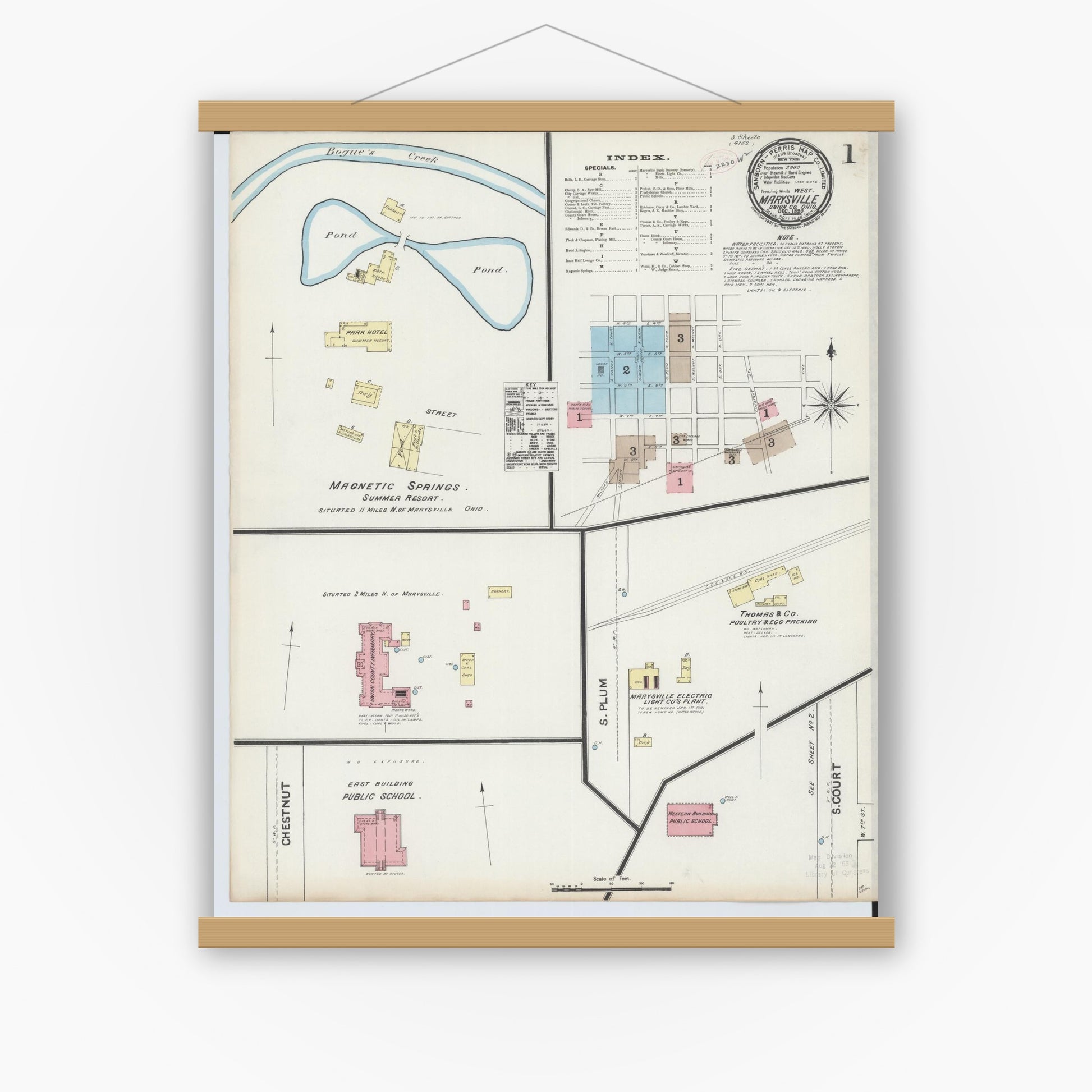 Old map wall art mockup — magnetic wood frame on white wall — Sanborn Fire Insurance Map from Marysville, Union County, Ohio (1890) - Complete Map Set