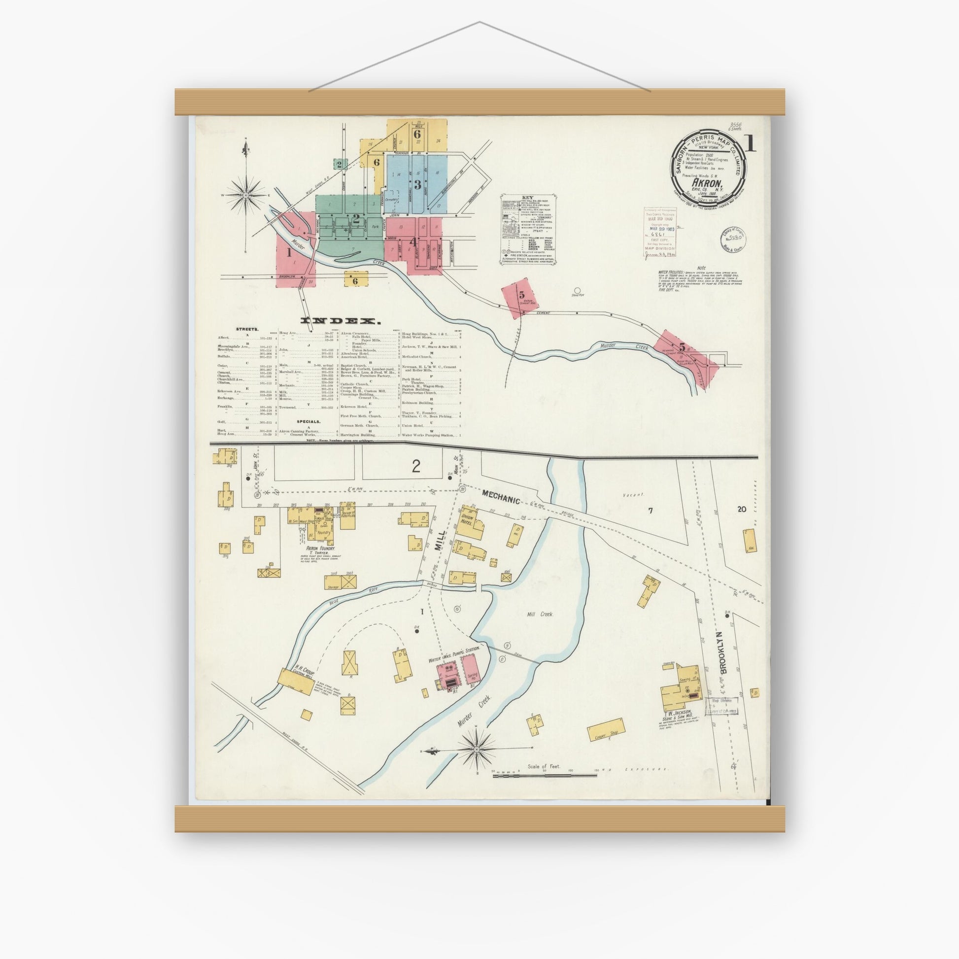 Old map wall art mockup — magnetic wood frame on white wall — Sanborn Fire Insurance Map from Akron, Erie County, New York (1900) - Complete Map Set