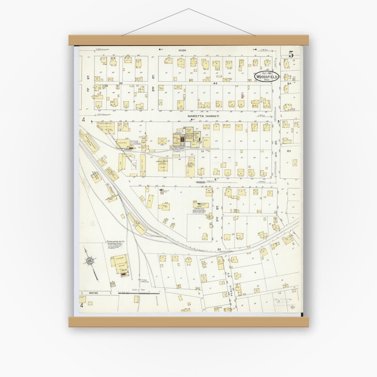 Old map wall art mockup — magnetic wood frame on white wall — Sanborn Fire Insurance Map from Woodsfield, Monroe County, Ohio (1911), Sheet #0005