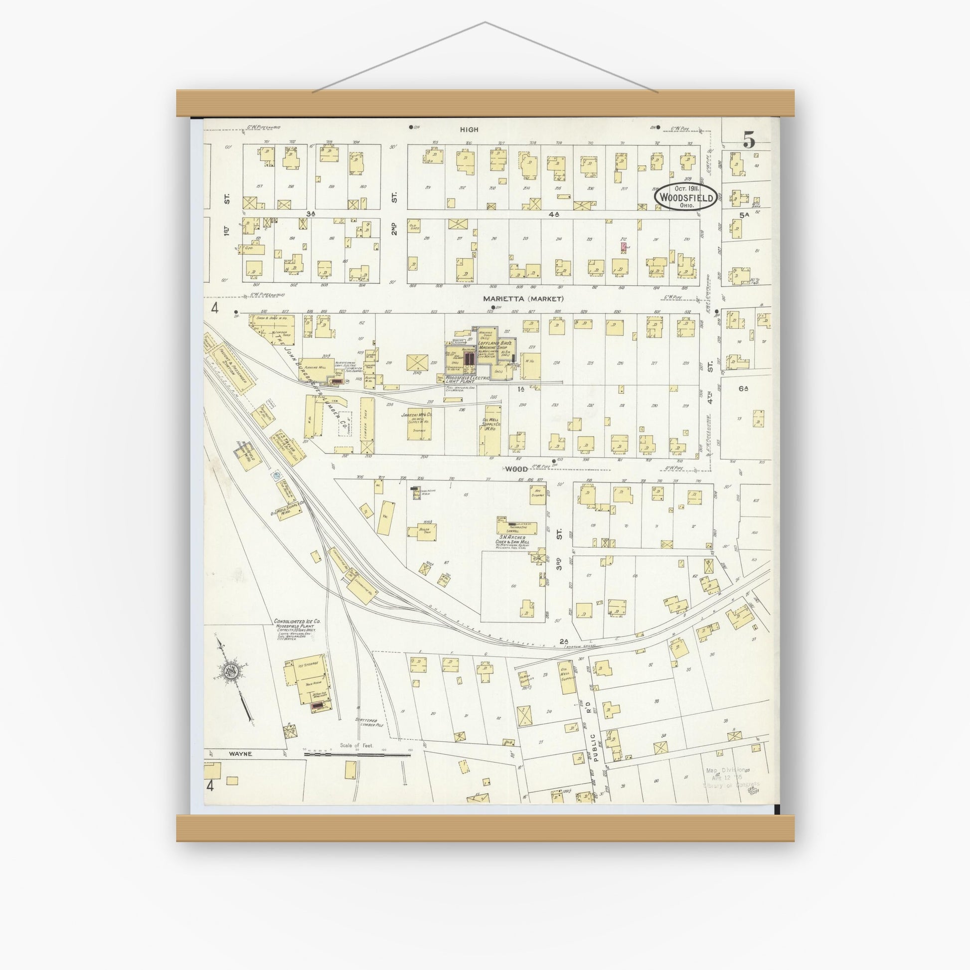 Old map wall art mockup — magnetic wood frame on white wall — Sanborn Fire Insurance Map from Woodsfield, Monroe County, Ohio (1911), Sheet #0005