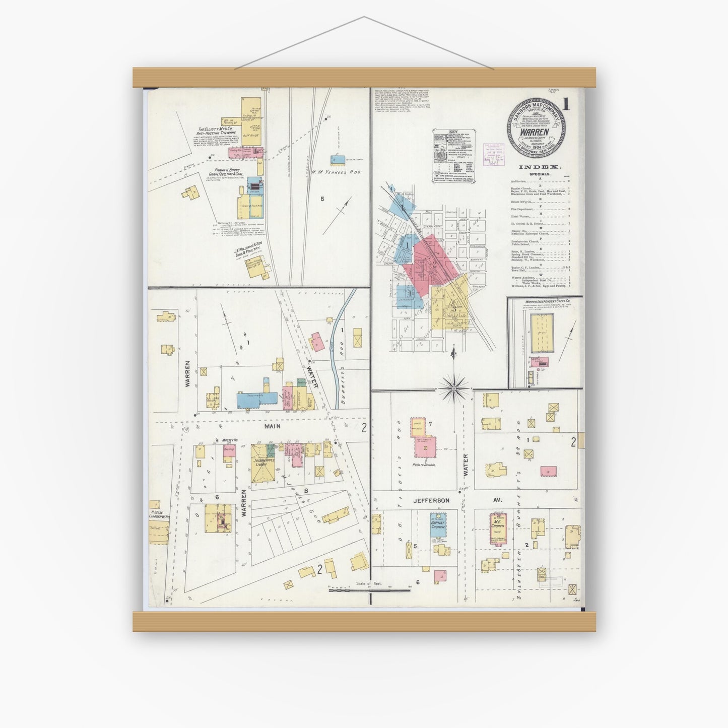 Old map wall art mockup — magnetic wood frame on white wall — Sanborn Fire Insurance Map from Warren, Jo Daviess County, Illinois (1904) - Complete Map Set