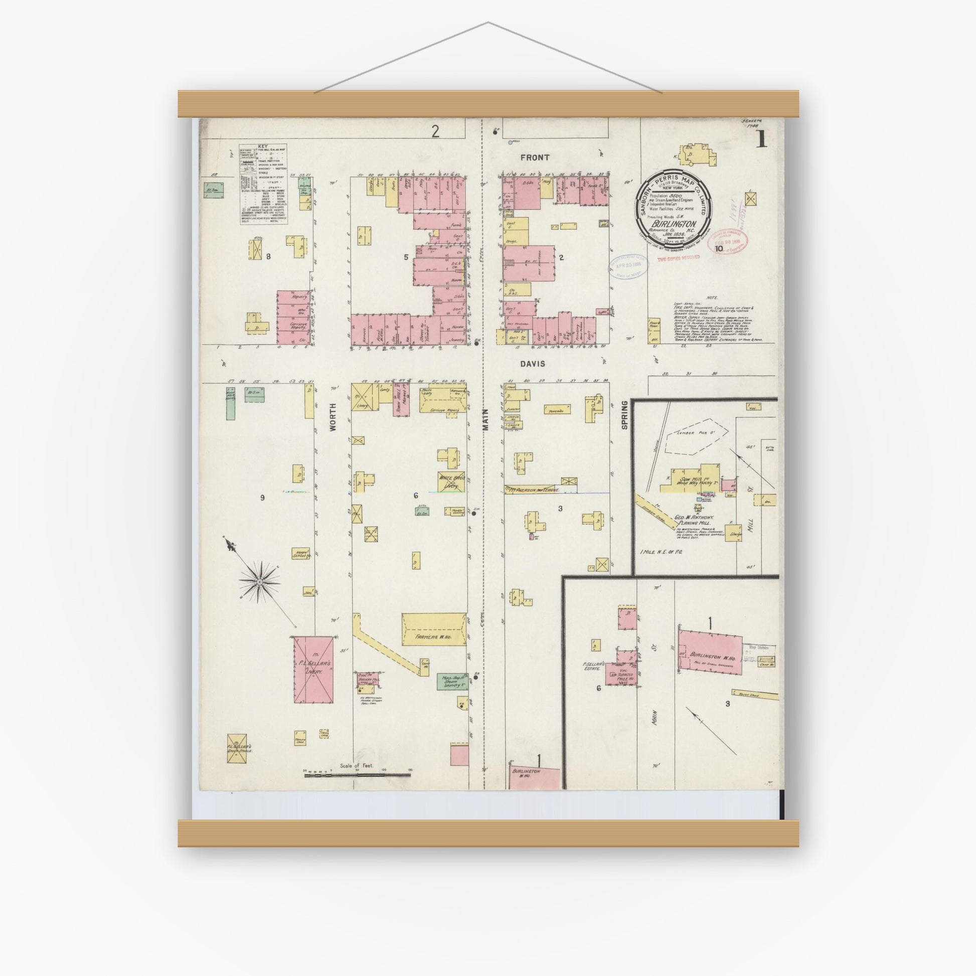 Old map wall art mockup — magnetic wood frame on white wall — Sanborn Fire Insurance Map from Burlington, Alamance County, North Carolina (1898) - Complete Map Set