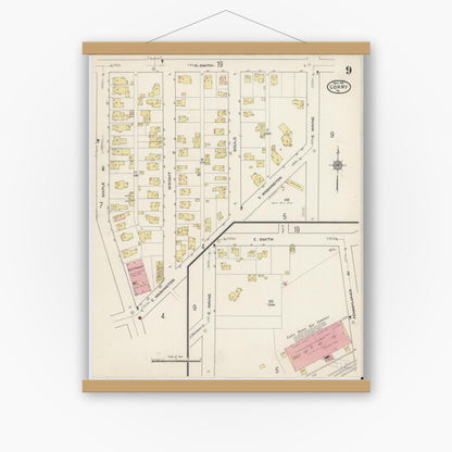 Old map wall art mockup — magnetic wood frame on white wall — Sanborn Fire Insurance Map from Corry, Erie County, Pennsylvania (1915), Sheet #0009