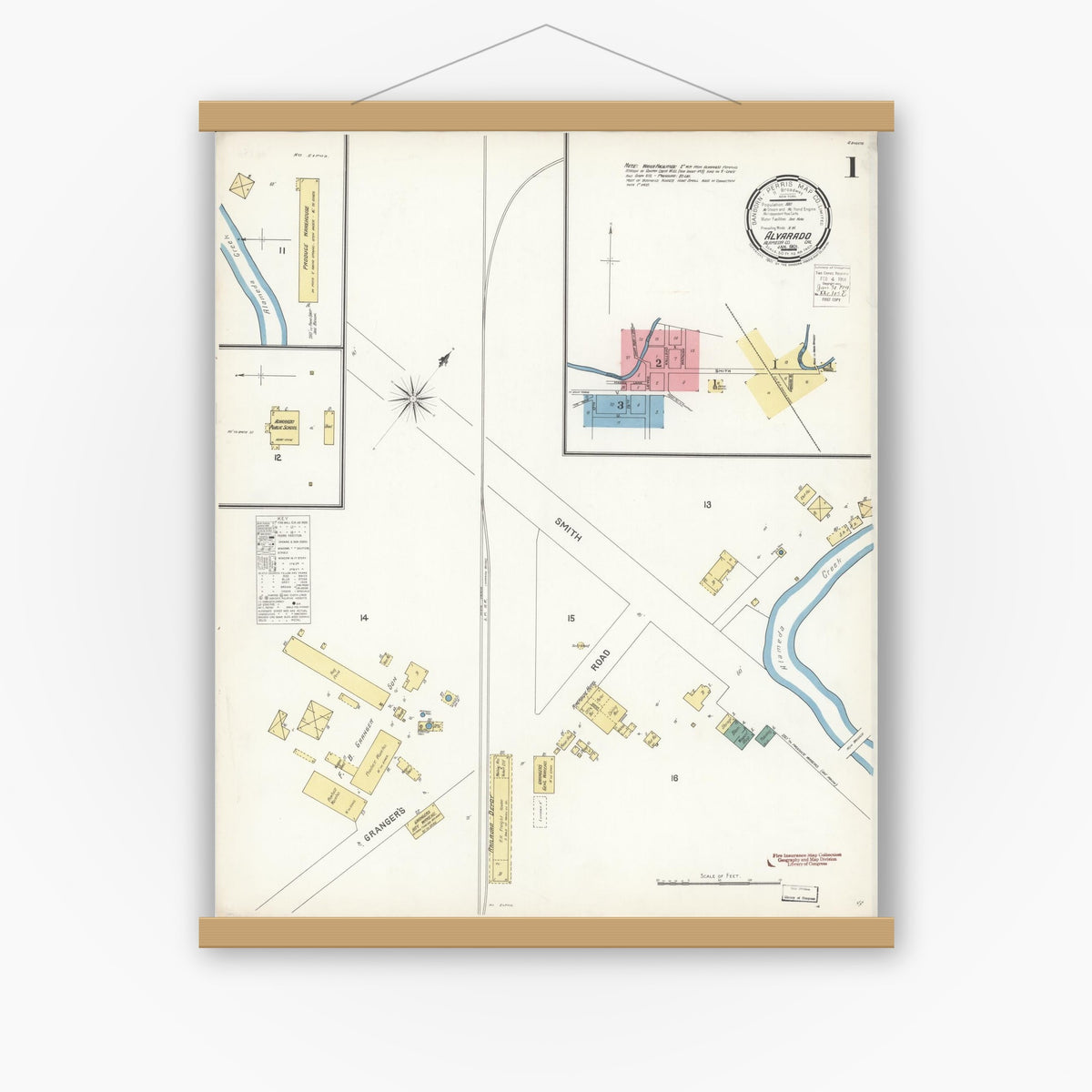 Old map wall art mockup — magnetic wood frame on white wall — Sanborn Fire Insurance Map from Alvarado, Alameda County, California (1901), Sheet #0001