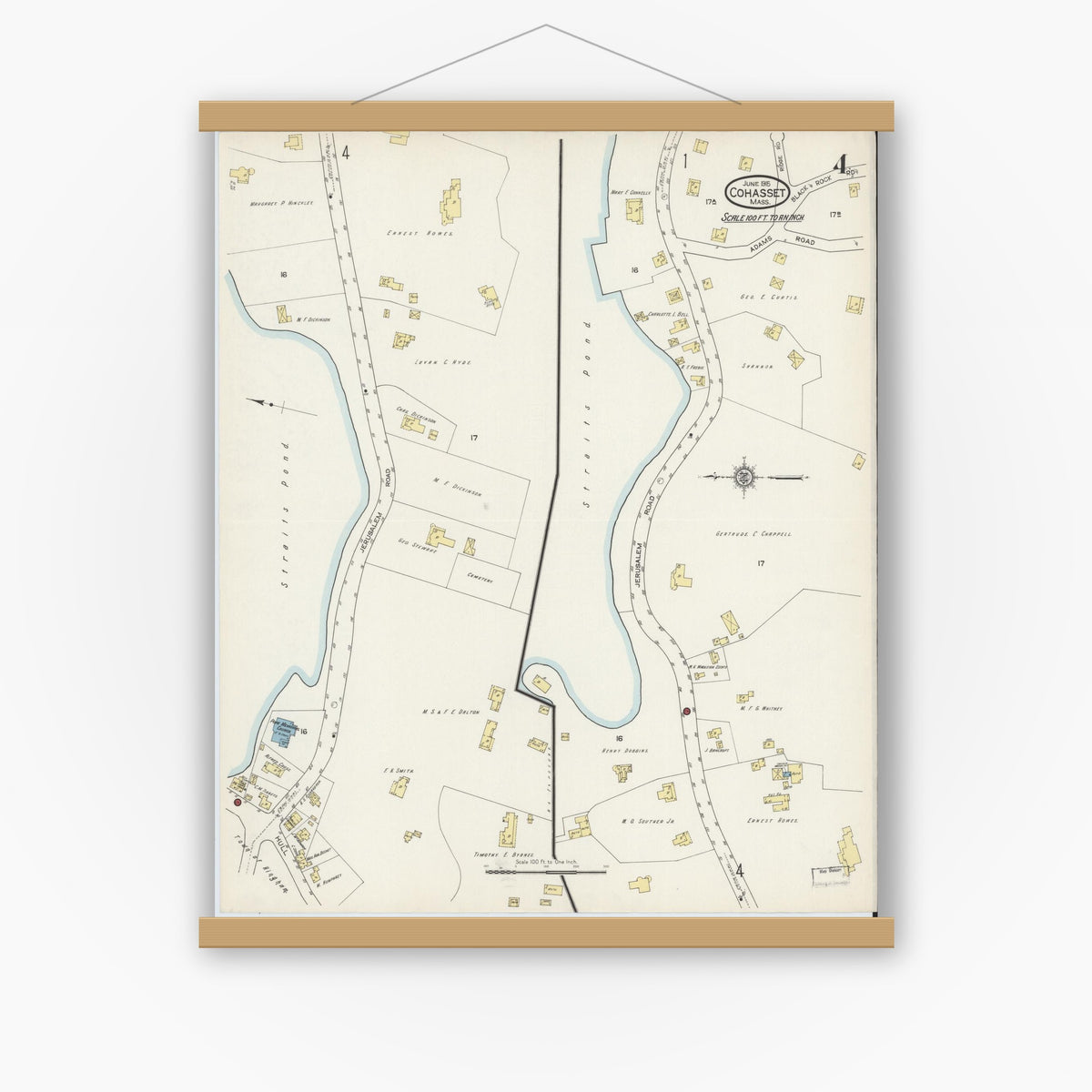 Old map wall art mockup — magnetic wood frame on white wall — Sanborn Fire Insurance Map from Cohasset, Norfolk County, Massachusetts (1915), Sheet #0004