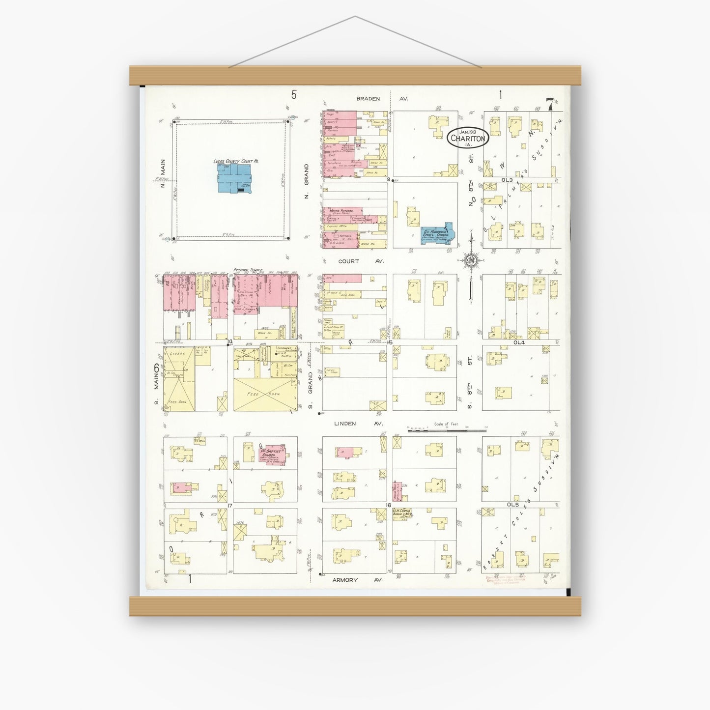 Old map wall art mockup — magnetic wood frame on white wall — Sanborn Fire Insurance Map from Chariton, Lucas County, Iowa (1913), Sheet #0007