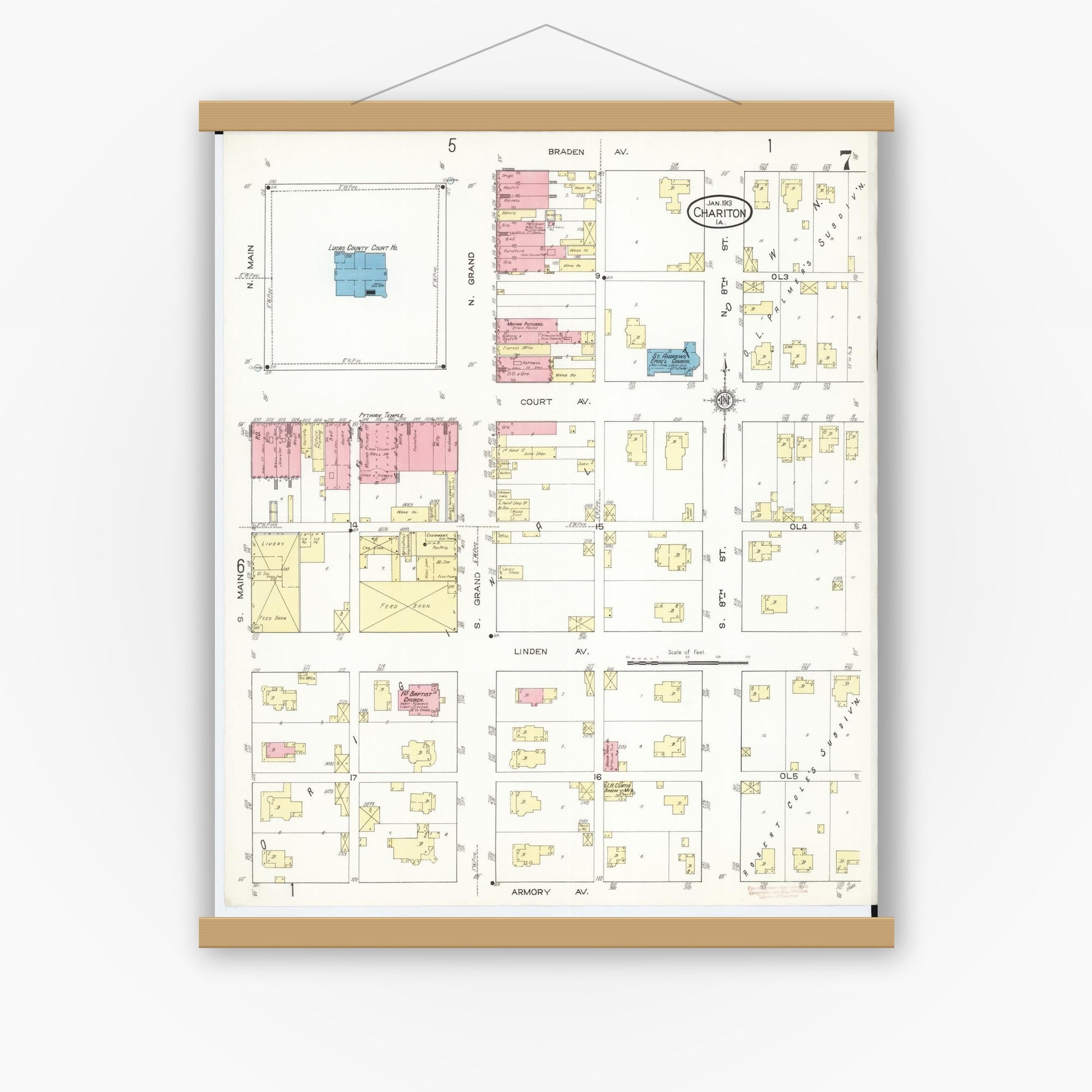 Old map wall art mockup — magnetic wood frame on white wall — Sanborn Fire Insurance Map from Chariton, Lucas County, Iowa (1913), Sheet #0007