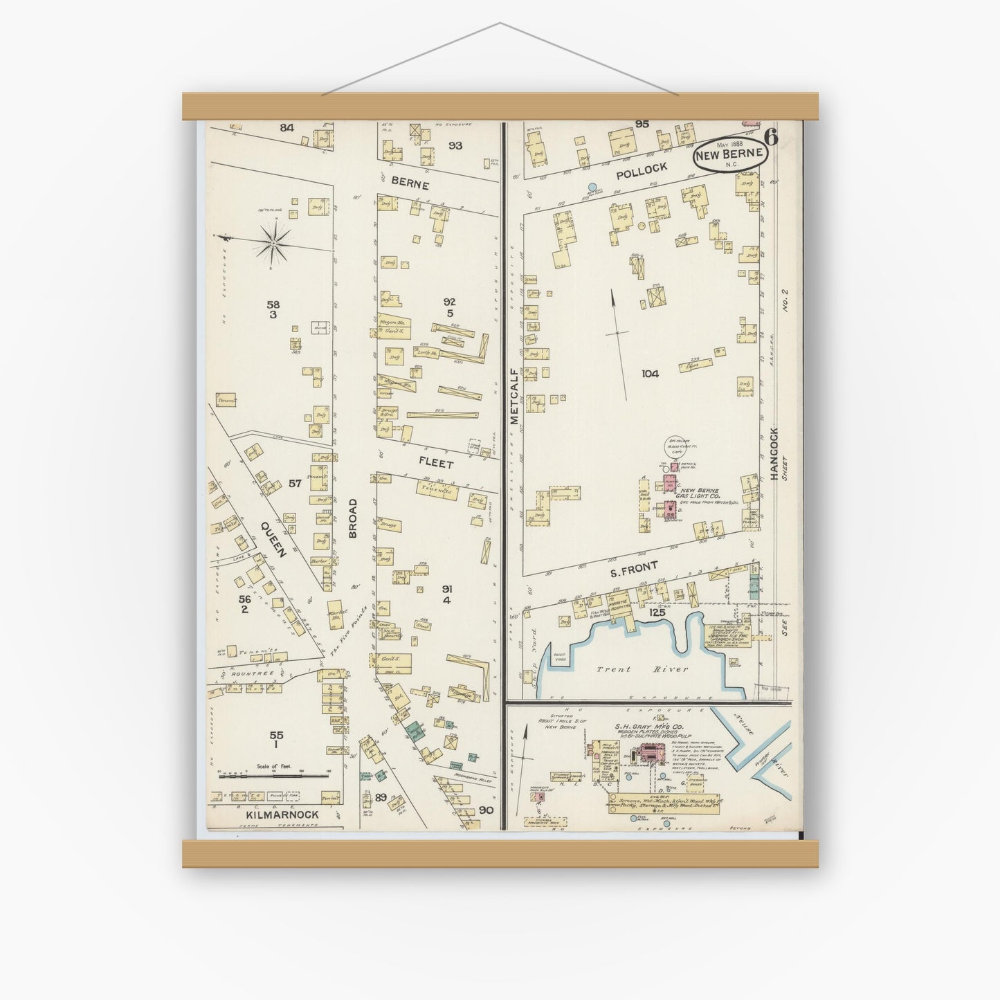 Old map wall art mockup — magnetic wood frame on white wall — Sanborn Fire Insurance Map from New Bern, Craven County, North Carolina (1888), Sheet #0006