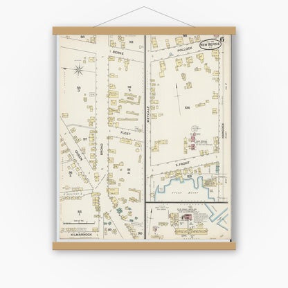 Old map wall art mockup — magnetic wood frame on white wall — Sanborn Fire Insurance Map from New Bern, Craven County, North Carolina (1888), Sheet #0006