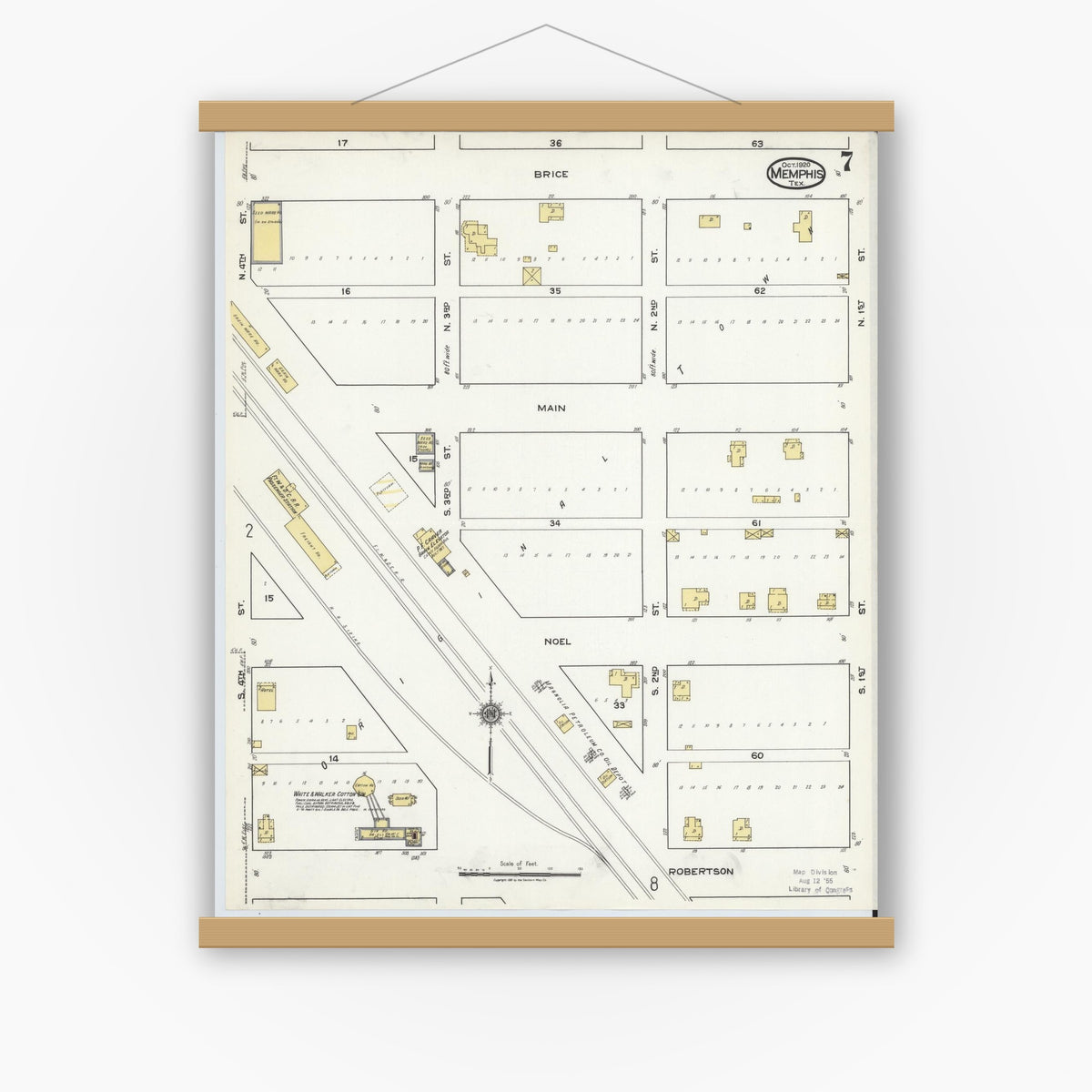 Old map wall art mockup — magnetic wood frame on white wall — Sanborn Fire Insurance Map from Memphis, Hall County, Texas (1920), Sheet #0007