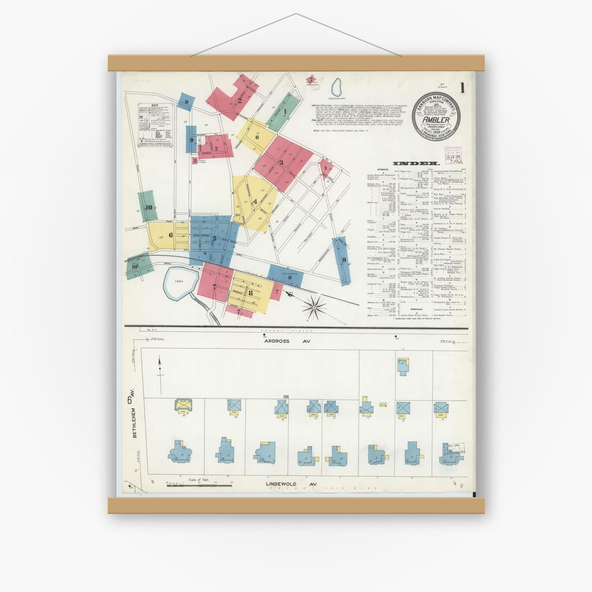 Old map wall art mockup — magnetic wood frame on white wall — Sanborn Fire Insurance Map from Ambler, Montgomery County, Pennsylvania (1909), Sheet #0001