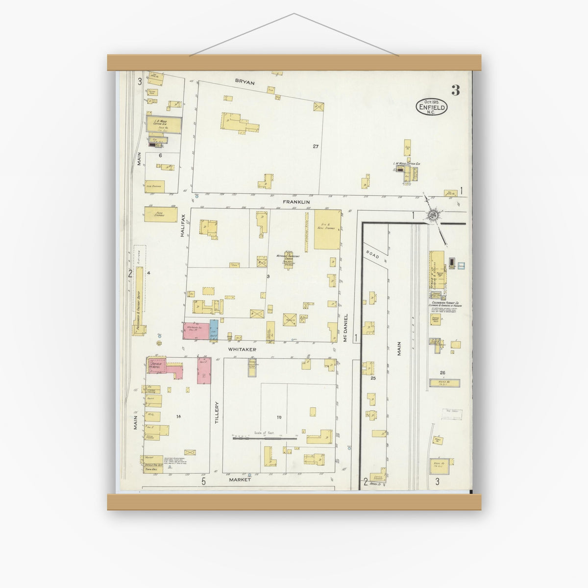 Old map wall art mockup — magnetic wood frame on white wall — Sanborn Fire Insurance Map from Enfield, Halifax County, North Carolina (1915), Sheet #0003