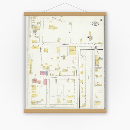 Old map wall art mockup — magnetic wood frame on white wall — Sanborn Fire Insurance Map from Enfield, Halifax County, North Carolina (1915), Sheet #0003