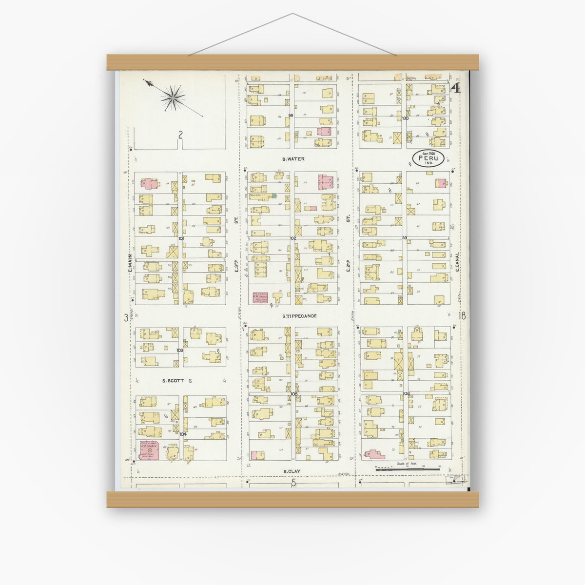 Old map wall art mockup — magnetic wood frame on white wall — Sanborn Fire Insurance Map from Peru, Miami County, Indiana (1906), Sheet #0004