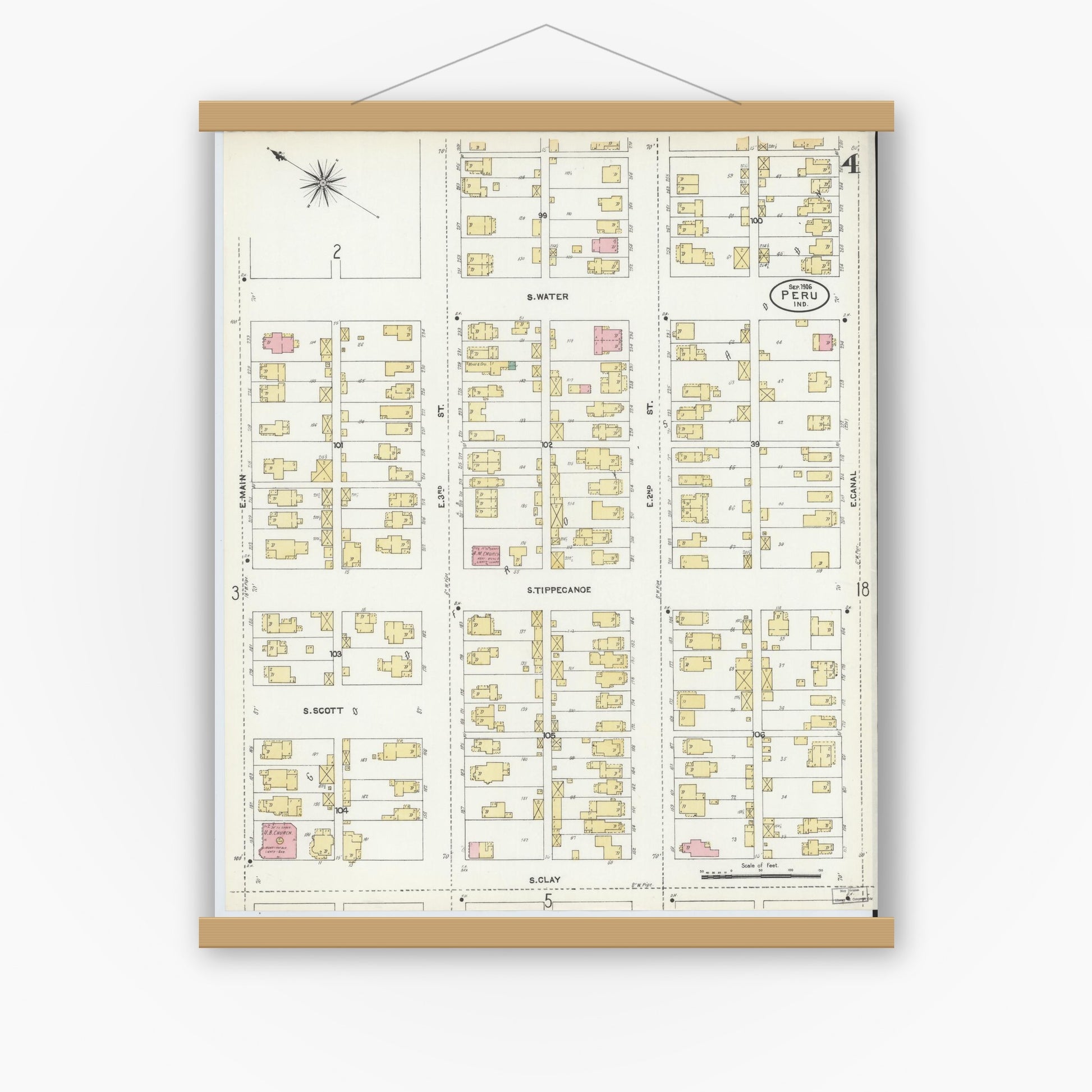 Old map wall art mockup — magnetic wood frame on white wall — Sanborn Fire Insurance Map from Peru, Miami County, Indiana (1906), Sheet #0004