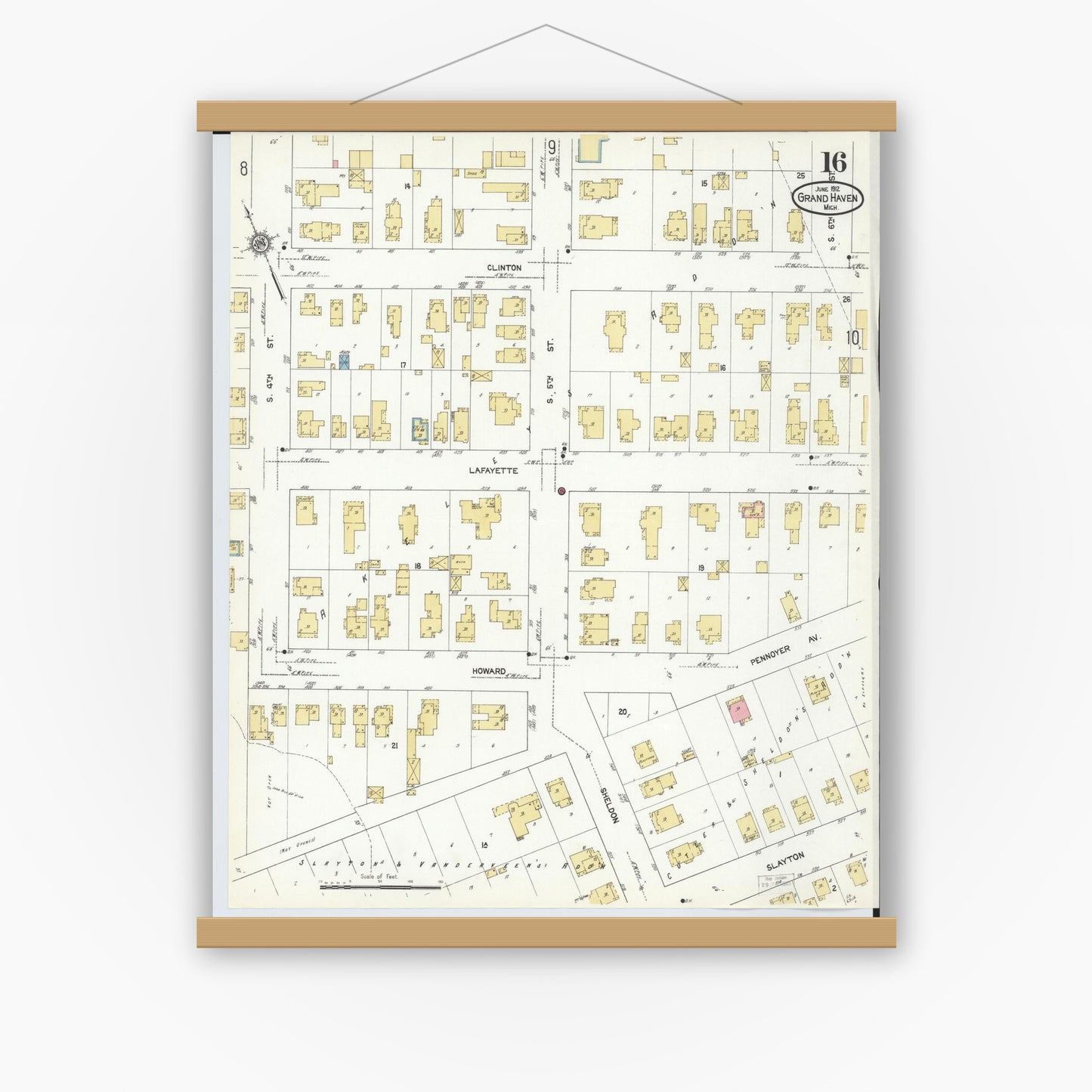 Old map wall art mockup — magnetic wood frame on white wall — Sanborn Fire Insurance Map from Grand Haven, Ottawa County, Michigan (1912), Sheet #0016